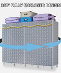Gotta Love This Portable Canvas Wardrobe Folding Storage Organizer With Steel Rod Breathable Fabric Clothes Closet heavy duty enclosed design with luggage on top.