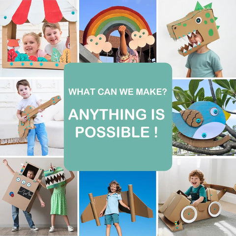 Children playing with Cardboard Tools Kit For Kids With Cutter And Tool Box, 149 Piece Cardboard Construction Set For Family Fun