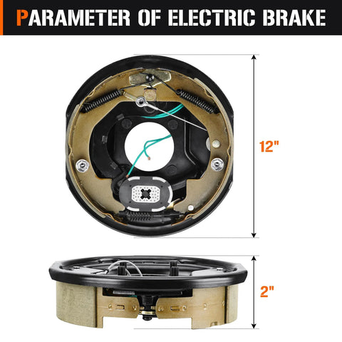 Aeagle 12x2 inch electric brake drum kit; 6 on 5.5-inch bolt circle, bronze drum with black hardware, front and side views