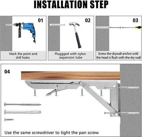 Installation steps for Heavy Duty Stainless Steel Folding Shelf Brackets Rock Solid Collapsible Wall Mounts with tools.