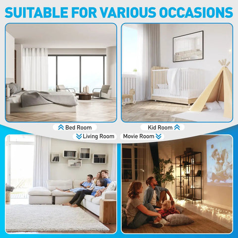 Ceiling Mounted Motorized Curtain Track System With Retractable Rod, Adjustable 70 To 129 Inch Length, Electric Opener For Smart Home, Works With Alexa, Google Home, And Tuya Voice Control, Remote Included, shown in bedroom, kid room, living room, movie room