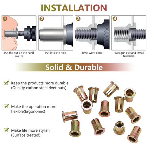 Installation guide image for Badass M6 Rivet Nuts Flat Head Threaded Inserts Knurled Zinc Plated Carbon Steel Metric Nutserts.