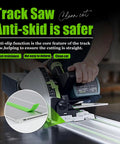 Top Shelf Track Saw Guide Rail Kit With Smooth As Butter Glide And Ultra Tough Aluminum Profile For TS55 TS75 woodworking setup showing anti-slip feature.