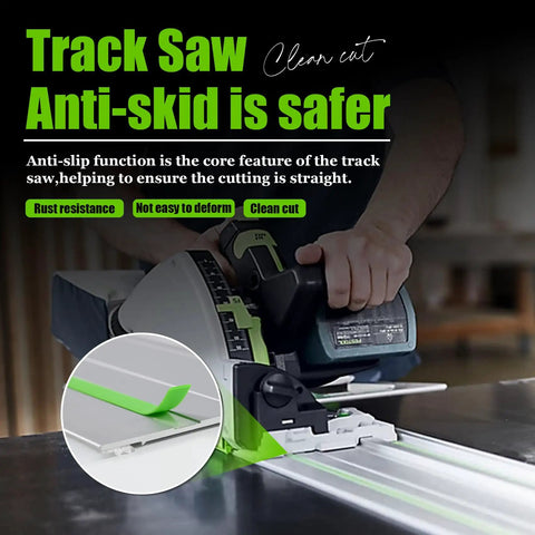 Top Shelf Track Saw Guide Rail Kit With Smooth As Butter Glide And Ultra Tough Aluminum Profile For TS55 TS75 woodworking setup showing anti-slip feature.
