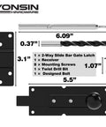 Built Like A Tank Heavy Duty Steel 2 Way Slide Bar Gate Latch Rock Solid Fence Gate Lock parts layout and dimensions.