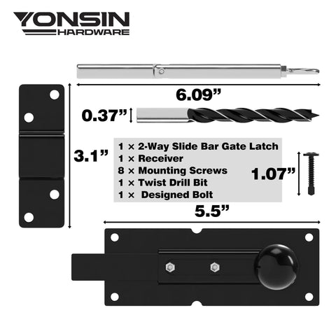 Built Like A Tank Heavy Duty Steel 2 Way Slide Bar Gate Latch Rock Solid Fence Gate Lock parts layout and dimensions.