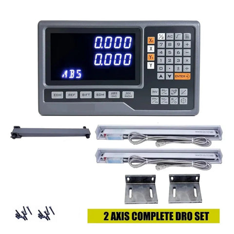 Two Axis DRO Digital Readout Kit with big display, 5um optical linear scales, encoders, and mounting brackets visible.