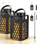 Lit LED Atmosphere Speaker 2 Pack Waterproof Outdoor Bluetooth Speaker with torch light and LED lanterns on poles.