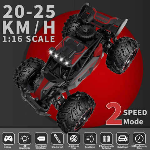 Beast Mode Remote Control Car 25 Kilometers Per Hour 2.4GHz 1:16 off-road monster truck with LED lights in red color