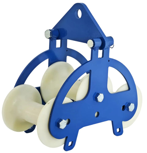Heavy Duty Nylon Cable Puller Sheave Built Tough For Heavy Haul Smooth Wire Tracking And Fast Direction Shifts On Major Construction Jobsites Pro Grade Industrial Feed Pulley in blue with nylon wheels