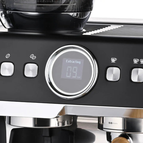 Close-up of the pressure gauge on Fully Automatic Espresso Machine With Badass Burr Grinder And Hella Smooth Pulls.