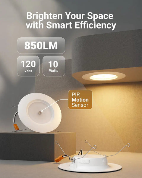 2 Pack 6 Inch LED Recessed Retrofit Down Lights With Motion Sensor 5 CCT Color Temperature Options installed in ceiling