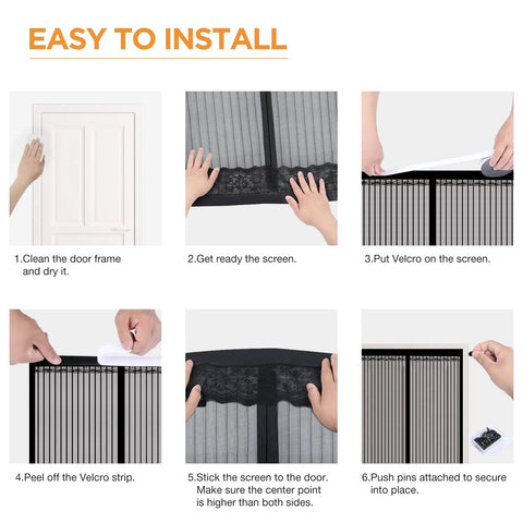 Installation steps for Magnetic Screen Door For Doors Up To 37 By 82 Inches, showing self-sealing mesh magnetic closure.