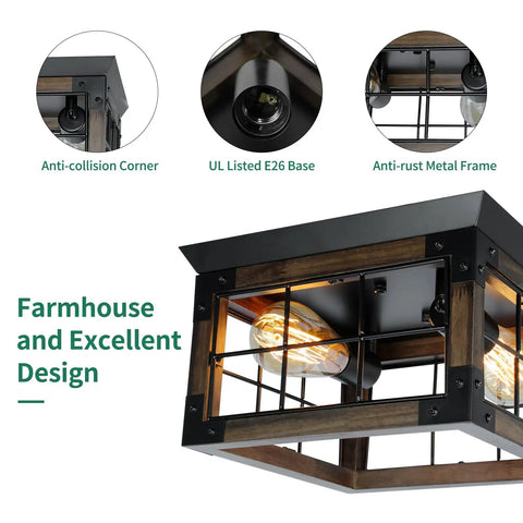 Two Light Farmhouse Style Black Wood Flush Mount Ceiling Fixture For Kitchen Dining Room And Entryway Dope Industrial Rustic Look Semi Flush Mount Lighting With Square Wood Frame And Black Iron Accents details