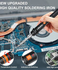 User holding Pro Grade Soldering Iron Kit With 135W Adjustable Temperature And Rapid Heat Ceramic Thermostatic Core over a circuit board
