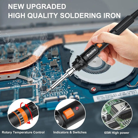 User holding Pro Grade Soldering Iron Kit With 135W Adjustable Temperature And Rapid Heat Ceramic Thermostatic Core over a circuit board