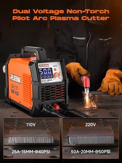 Dual Voltage Plasma Cutter 50 Amp For Home Workshop 110 to 220 Volt With Three Quarter Inch Cutting Capacity And One Half Inch Clean Cut LCD Display Non Touch Pilot Arc 2T 4T Cutting Modes