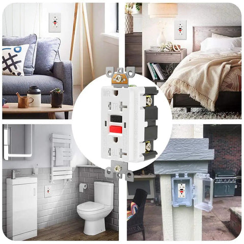 Collage of 10 Pack GFCI Outlet 15 Amp Self Test Receptacles With Tamper Resistant Weather Resistant LED Indicator in various rooms