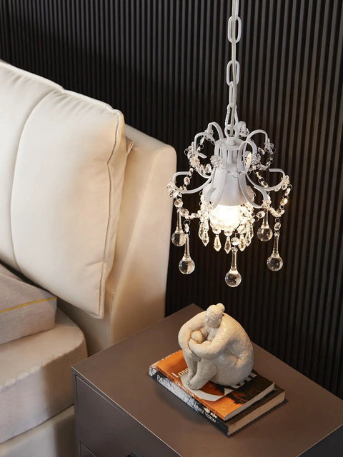 Crystal Chandelier Pendant Light White 1 Light for hallways, compact white body above modern side table and chair.