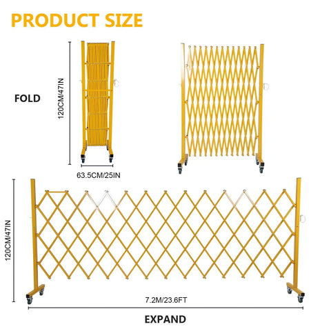Heavy Duty Rolling Scissor Barrier Expandable Steel Gate With Smooth Swivel Casters For Fast Job Site Lockdown, showing fold and expand sizes.