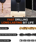 Assorted drill bits from the 104 Piece Drill Bit And Driver Set With Tough Case Titanium Twist Bits Impact Driver Bits Masonry Spade Bits And Nut Drivers For Wood Metal Concrete Beefed Up All In One DIY Power Kit For Pros And Home Projects