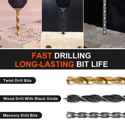 Assorted drill bits from the 104 Piece Drill Bit And Driver Set With Tough Case Titanium Twist Bits Impact Driver Bits Masonry Spade Bits And Nut Drivers For Wood Metal Concrete Beefed Up All In One DIY Power Kit For Pros And Home Projects