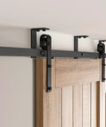 10 Ft Ceiling Mount Sliding Barn Door Hardware Kit Black With Low Ceiling L Shape Bracket System installed, supports 60 Inch Door