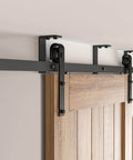 7.5 Foot Ceiling Mount Sliding Barn Door Hardware Kit Black With Low Ceiling L Shape Bracket System installed on wood door