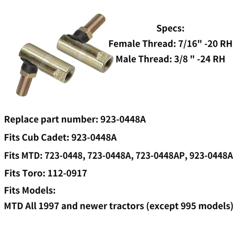 Beefed-Up Ball Joint Tie Rod Ends For MTD Cub Cadet Toro Troy-Bilt Huskee Lawn Tractors Replacement Parts 723-0448A 723-0448 923-0448A 923-0448 112-0917 Fits 1997 To Present With 7/16-20 RH Female And 3/8-24 RH Male, metal threaded ends