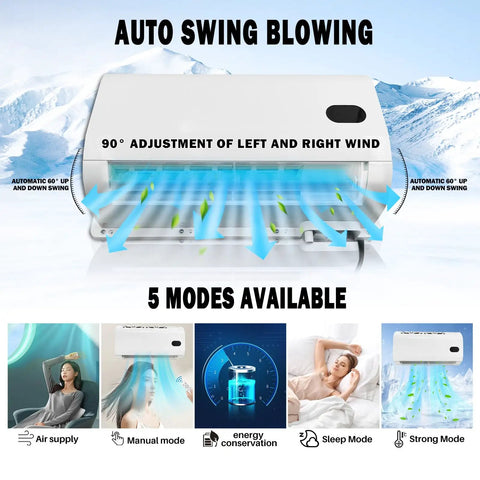 12V DC Truck Cab Air Conditioner With Brushless Motor Split Mini APU Unit showing auto swing and 5 cooling modes