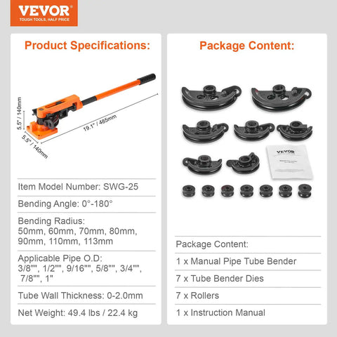 Product specifications for VEVOR Manual Pipe Tube Bender for 3/8 to 1 inch OD copper aluminum lines with seven bending dies.