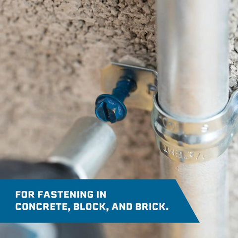 Solid As A Rock Heavy Duty Concrete Screws 1/4 X 2-3/4 Inch Hex Head Masonry Anchors Blue Rust Proof Coating securing pipe to concrete.