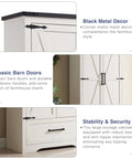 Close-up of black metal decor on Farmhouse Pantry Cabinet 72 Inch Tall Wood Storage with Adjustable Shelves Barn Style Doors and Drawer in Antique White.