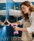Straight Up Premium Stainless Steel Decorative Screw Covers Smooth Brushed Finish 16 Mm Hidden Mirror Screws Rust Proof Concealed Fasteners Walls And Furniture 10 Pack being installed with a pink drill.