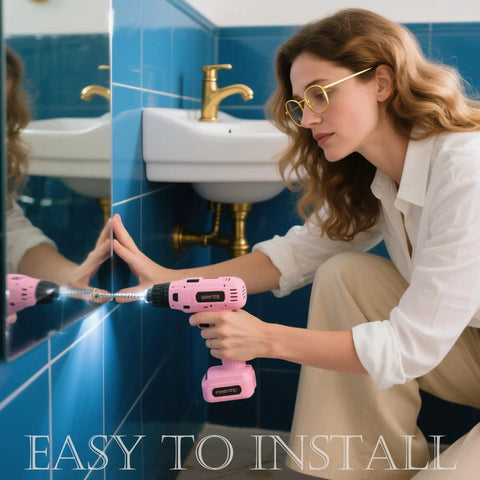 Straight Up Premium Stainless Steel Decorative Screw Covers Smooth Brushed Finish 16 Mm Hidden Mirror Screws Rust Proof Concealed Fasteners Walls And Furniture 10 Pack being installed with a pink drill.