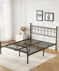 Queen Metal Platform Bed Frame Featuring Trendy Spherical Headboard with metal slat support and underbed storage in black.