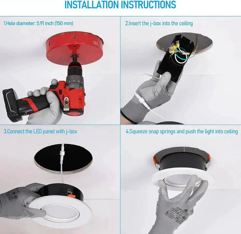Installation steps for 6 Inch Gimbal LED Recessed Downlight No Brainer Dimmable 5CCT with Junction Box Included and Air Tight Design.