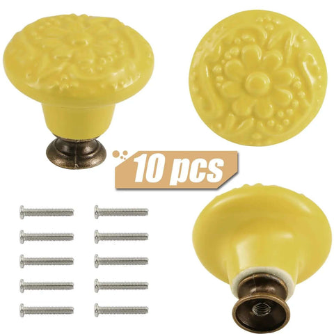 These Dang Charming Vintage Ceramic Cabinet Knobs Show Off A Sweet Embossed Floral Motif, 10 Pack Of Buttercup Yellow Drawer Handles.