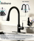 IKEBANA Black Kitchen Faucet with Pull Down Sprayer, featuring 360° swivel and ergonomic single lever design.