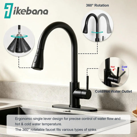 IKEBANA Black Kitchen Faucet with Pull Down Sprayer, featuring 360° swivel and ergonomic single lever design.