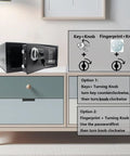 Biometric Fingerprint Safe Lock Box with Steel Construction and Key Backup on a cabinet, showing dual access methods