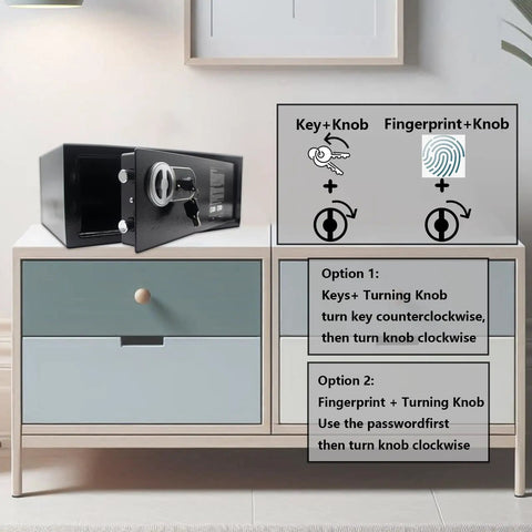 Biometric Fingerprint Safe Lock Box with Steel Construction and Key Backup on a cabinet, showing dual access methods