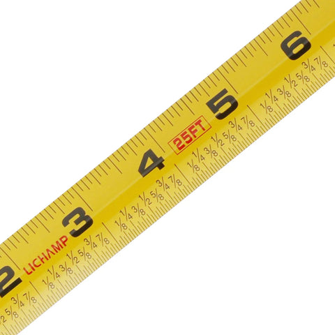 Close-up of Bulk Six Pack 25 Ft Tape Measure With Easy Read Fractions One Eighth Increments, highlighting retractable measuring tape.