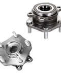 Drop-In Ready To Roll 4-Piece Front And Rear Wheel Bearing Hubs Assembly Kit For Nissan Rogue And Rogue Sport FWD 2014-2019 2017-2019 Complete Hub Bearings Set, close-up view of metal hub assembly pieces showing bearings and studs.