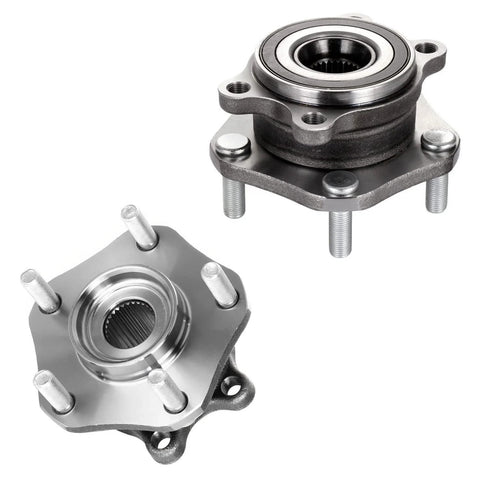 Drop-In Ready To Roll 4-Piece Front And Rear Wheel Bearing Hubs Assembly Kit For Nissan Rogue And Rogue Sport FWD 2014-2019 2017-2019 Complete Hub Bearings Set, close-up view of metal hub assembly pieces showing bearings and studs.