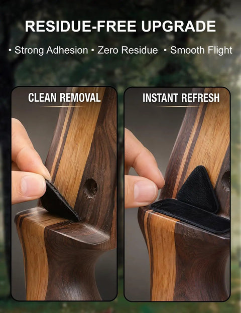 Five Pairs Traditional Recurve Bow Hair Arrow Rests Pre Cut Leather Shelf Pads showing removal and installation on a wooden bow.