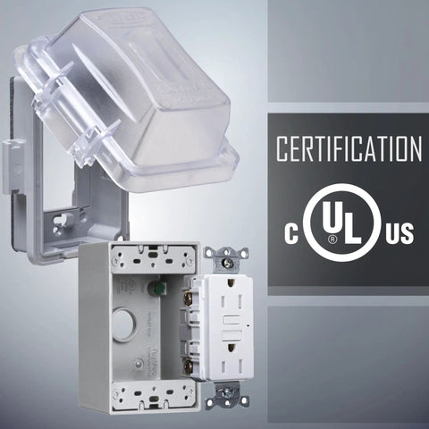Rugged Nonmetallic Extra Duty In Use Cover Kit For 15 Amp WRTR GFCI Outlet With Self Test, UL Certification displayed, clear and gray design.