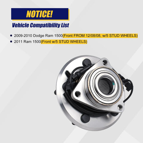 Front Wheel Bearing And Hub Assembly 515126 For 2009 To 2011 Dodge Ram 1500 Front With 5 Lug Bolts And ABS Direct Fit