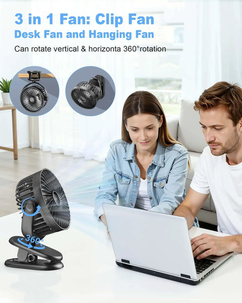 Clip On Portable Fan For Strollers And Cars With USB C Rechargeable 5200 mAh Battery Three Speed 360 Degree Rotatable Personal