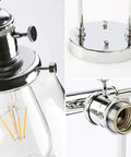 Close-up of Three Light Industrial Wall Sconce With On Off Switch And Clear Glass Shade For A Cool Retro Vibe Vintage Antique Brass Vanity Lighting For Bathroom And Living Room Dimmable When Paired With A Compatible Dimmer Bell Shade Finish showcasing chrome fittings and glass bulb housing.
